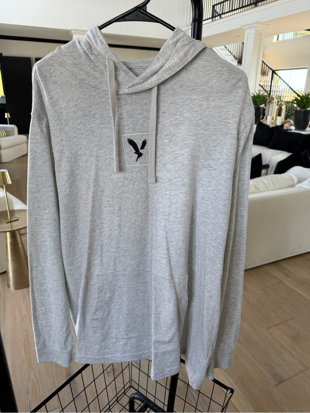 American Eagle Outfitters Light Gray Hooded Long-Sleeve Shirt